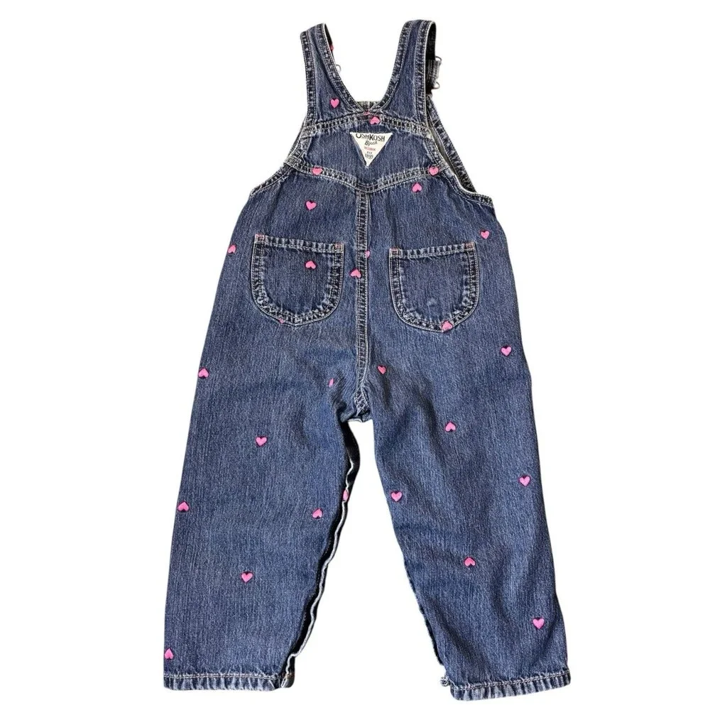 OshKosh Bgosh Girls 24M Pink Embroidered Heart Denim Overalls Vestbak Cotton